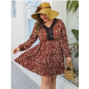 Lace Paint Stroke Leopard Print Rust Long Sleeve Flowy Dress.